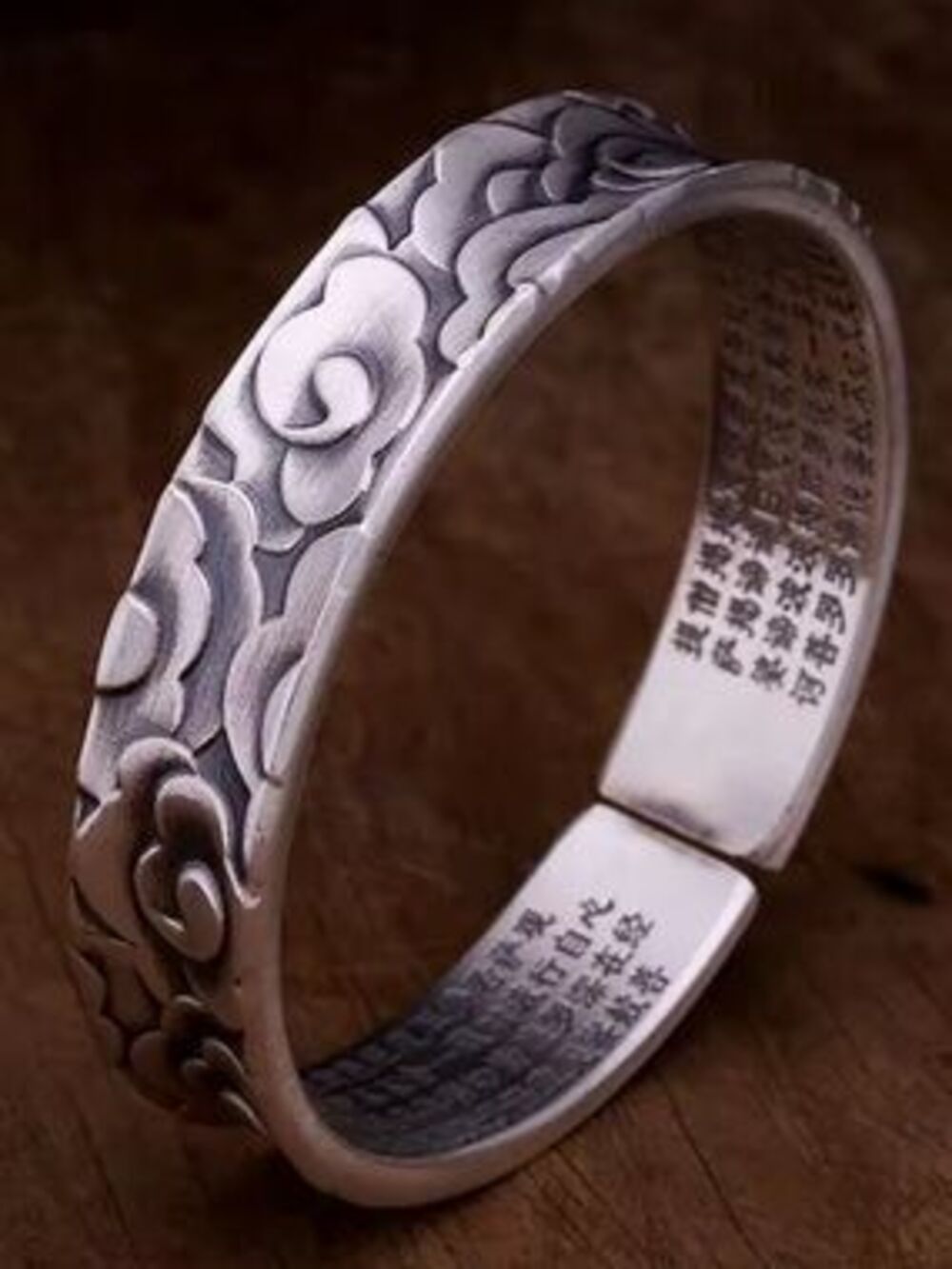 Sterling Silver Plated Heart Sutra Blessing Cuff Bangle Bracelet